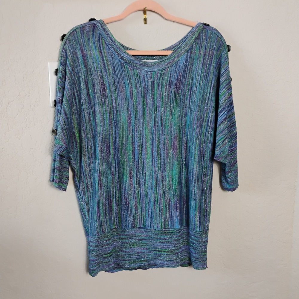 Fashion Avenue Womens Large Metallic Space Dye Dolman Button Sleeve Top Blue